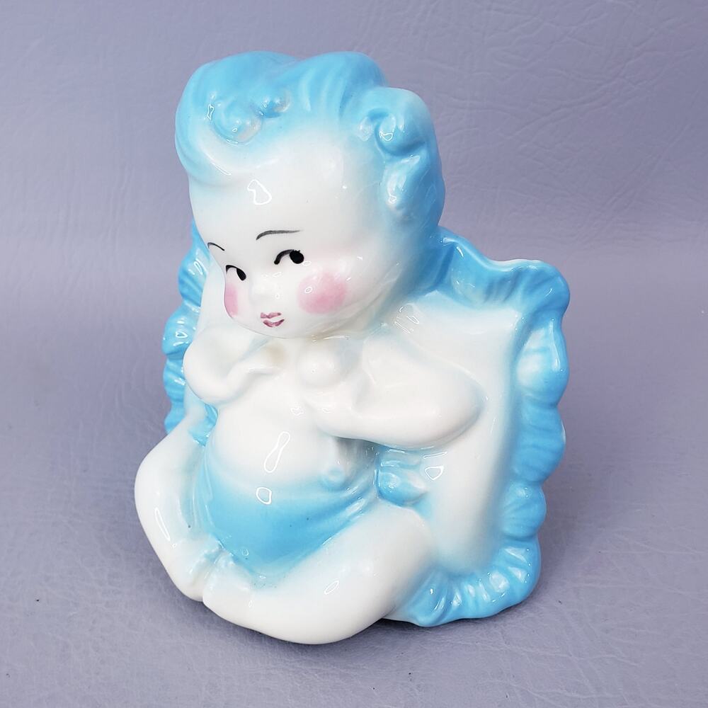 Vintage Hull Pottery 92 USA Blue Baby on Pillow Planter Nursery Decor